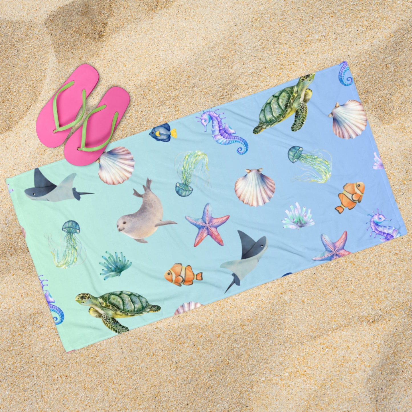 Coastal Comfort Towel: Pelagic Pals in Mermaid Fade