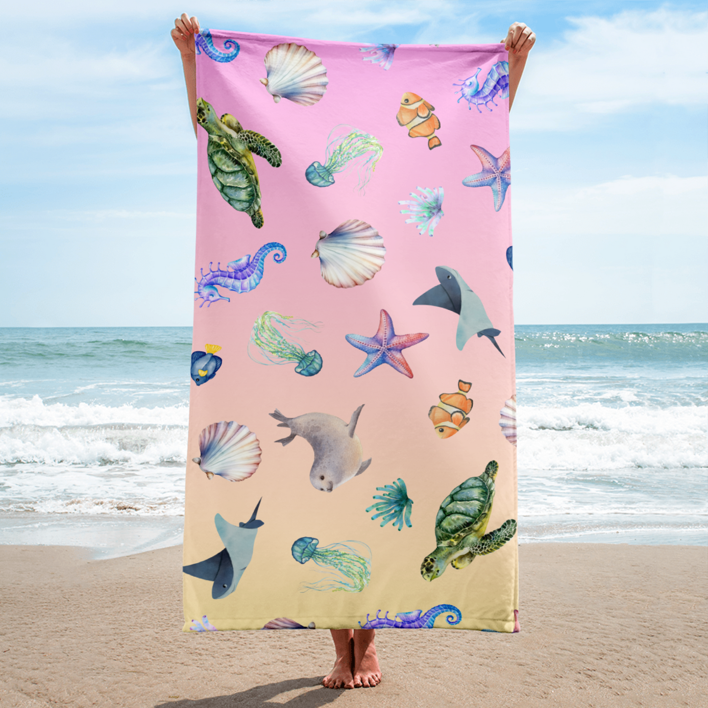 Coastal Comfort Towel: Pelagic Pals in Pastel Drift