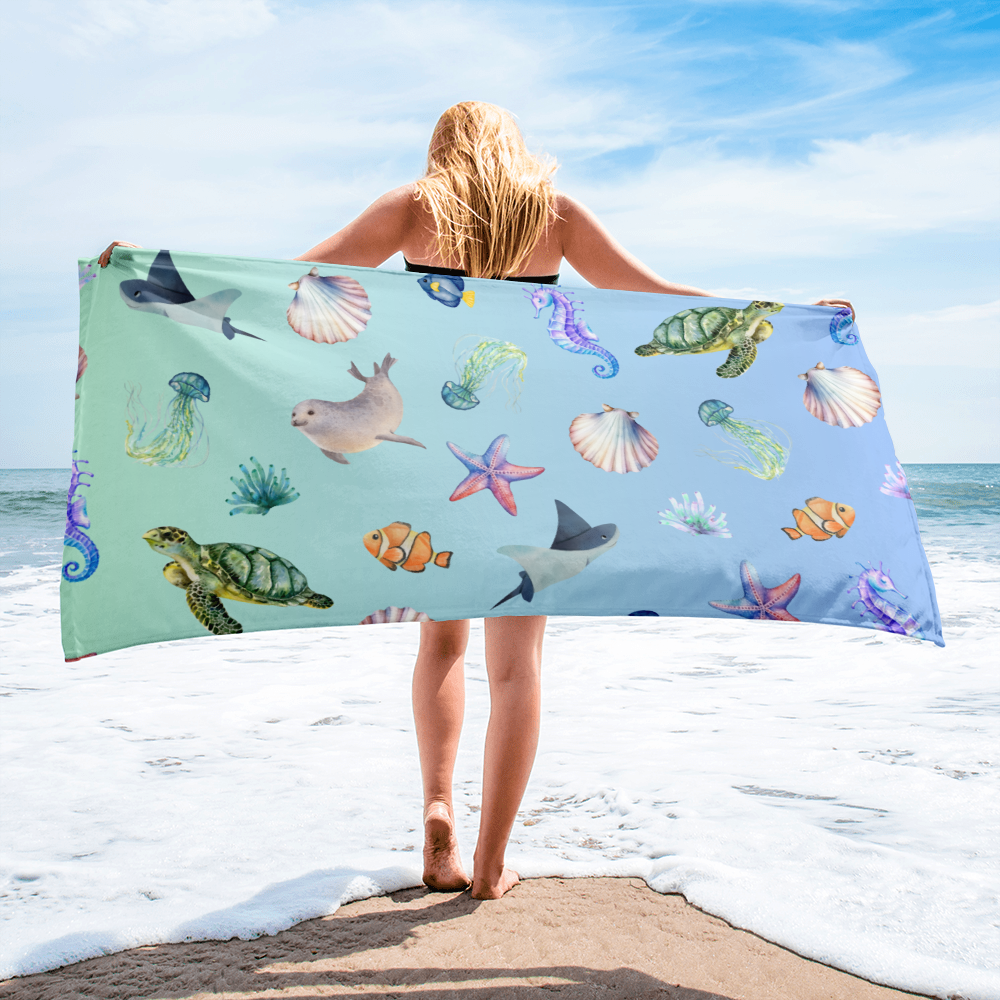 Coastal Comfort Towel: Pelagic Pals in Mermaid Fade
