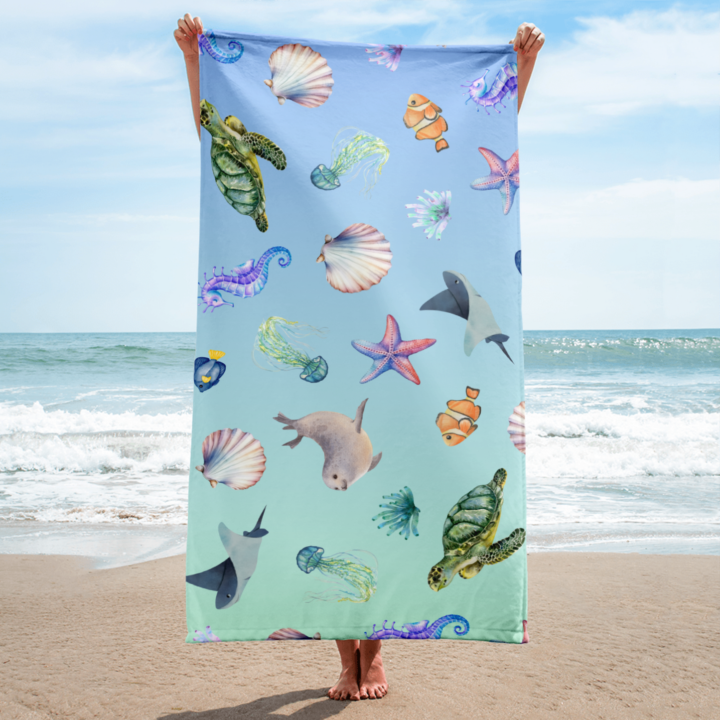 Coastal Comfort Towel: Pelagic Pals in Mermaid Fade